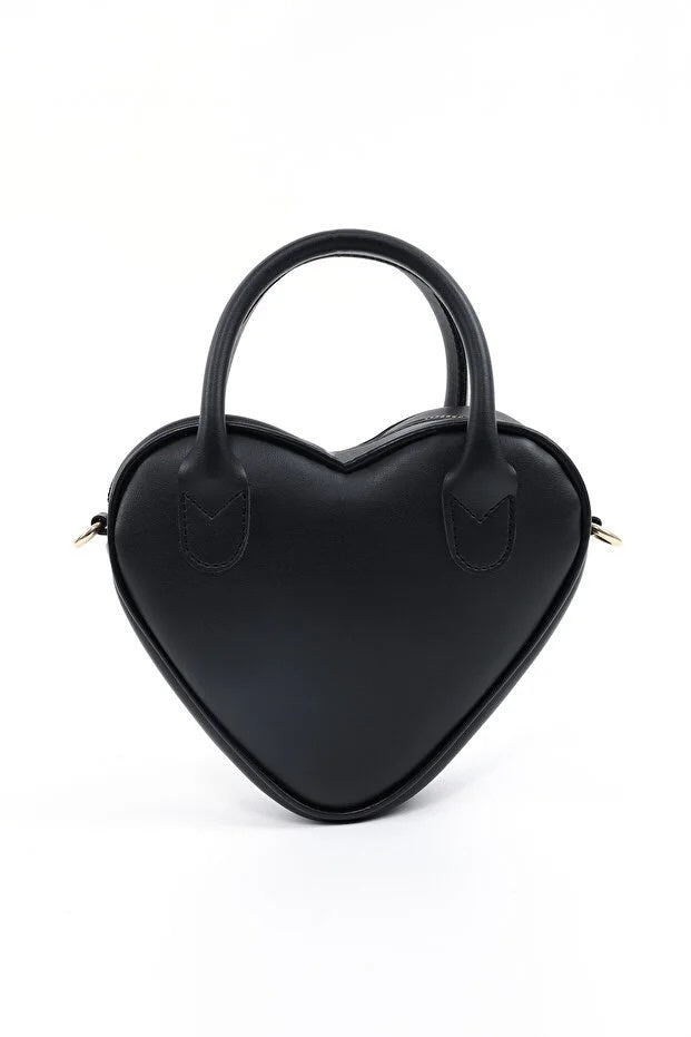 Black Heart Shaped Faux Leather Zipper Bag Single Compartment Hand Arm And Shoulder Bag
